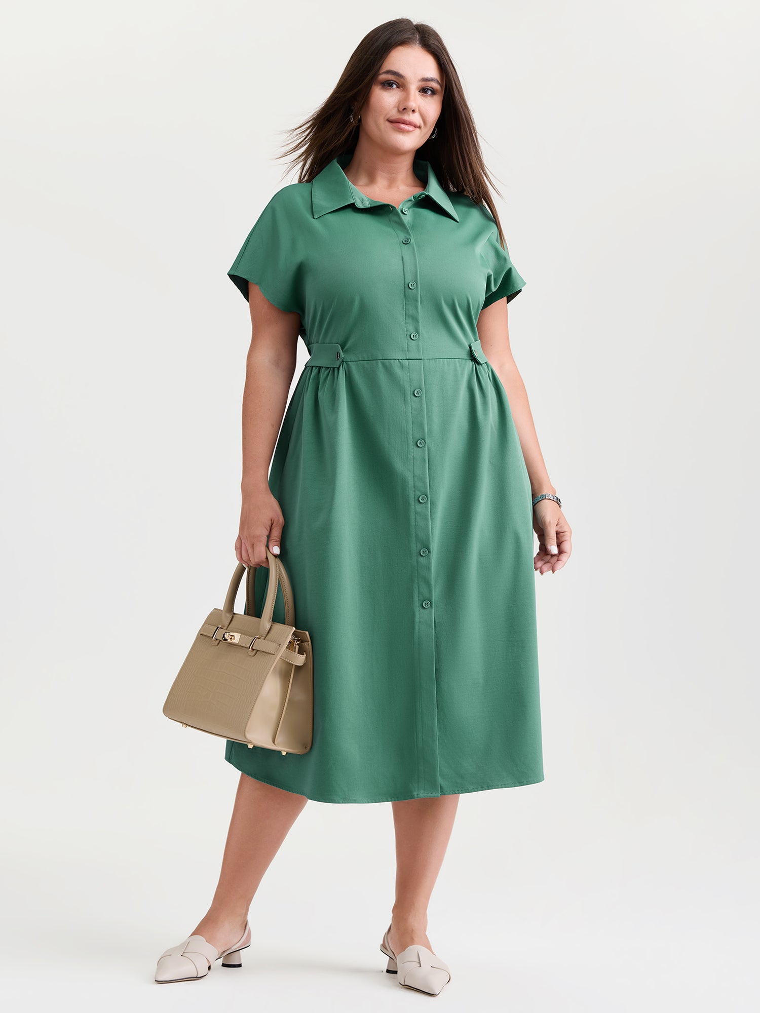 Shirt Collar Decorative Waistline Midi Dress