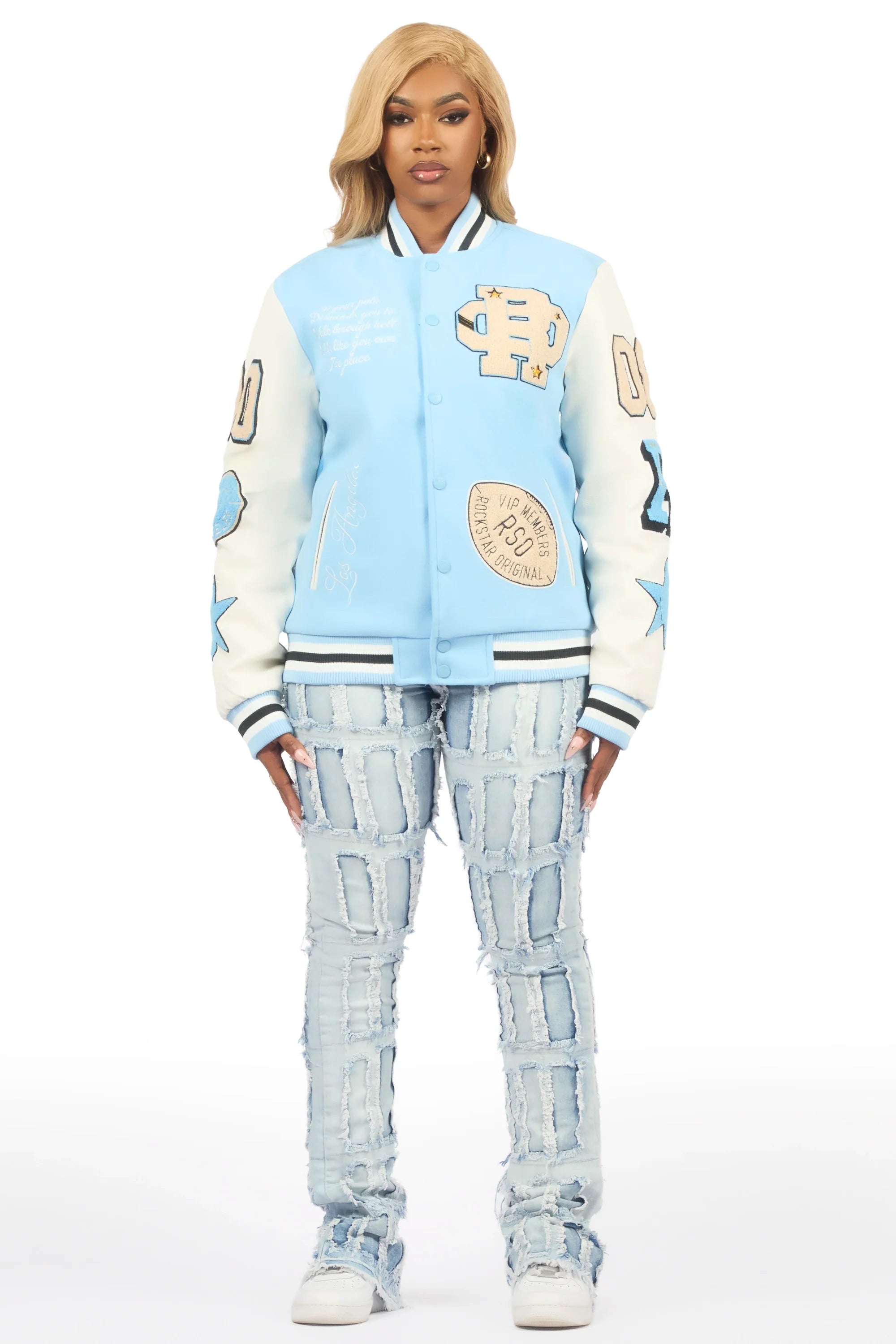 Adrienne Baby Blue Oversized Varsity Jacket