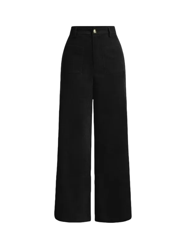 Women's solid color wide-leg pants with pockets and buttons