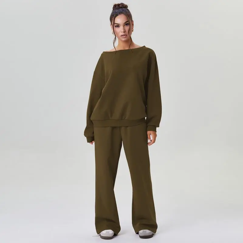 Women's Leisure Solid Color Sloping Shoulder Long Sleeve Top & Wide Leg Trousers Co-ord