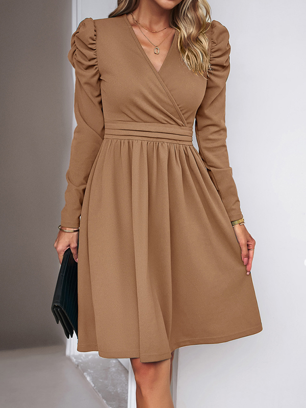 Pleated Solid Color Split-Joint Puff Sleeves Skinny V-Neck Midi Dresses