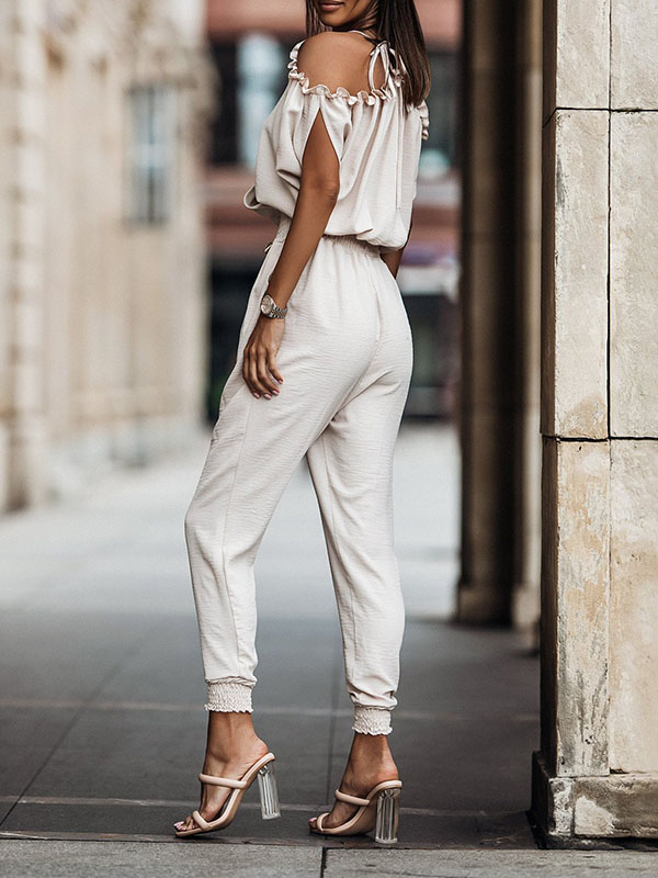 Elasticity Hollow Pleated Pockets Solid Color Tied Batwing Sleeves Loose V-Neck Jumpsuits