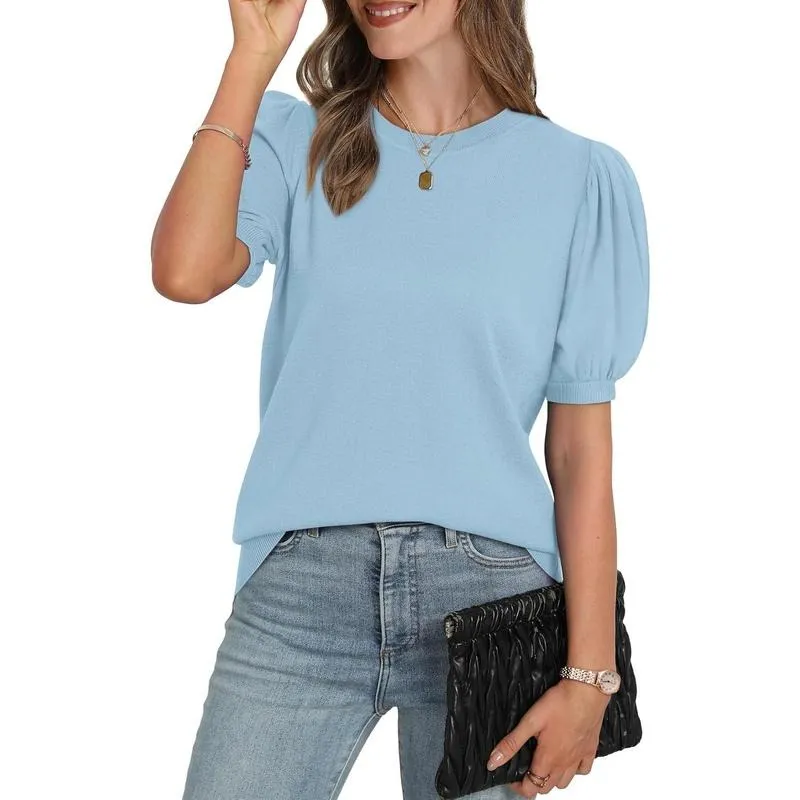 Women's Puff Short Sleeve 2026 Spring Summer Sweater - Lightweight Knit Top - Business Casual Blouse