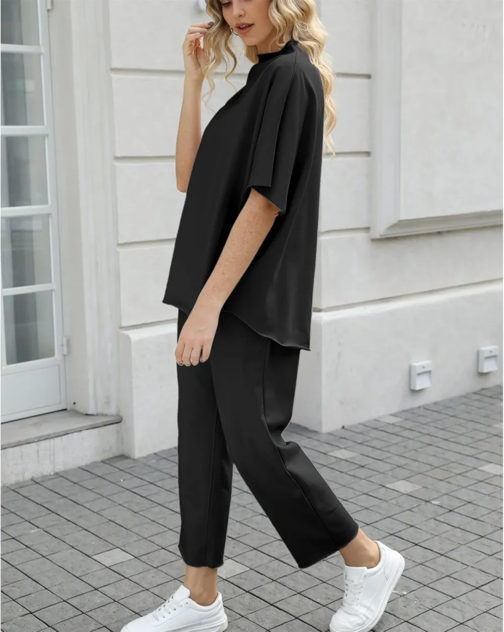 Women's 2 Piece Outfits Lounge Set 3/4 Batwing Sleeve Capelet Crew Neck Pullover Tops Wide Leg Pants