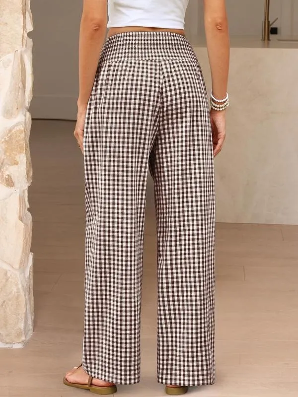 Womens Striped Gingham Palazzo Pants Wide Leg High Waisted Lounge Pajama Pants