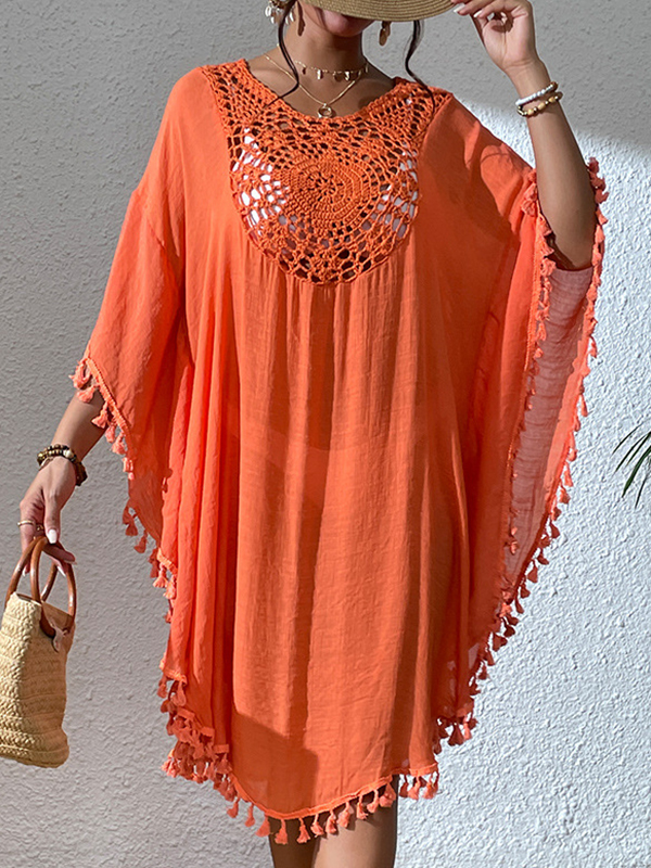 Hollow Solid Color Sun Protection Tasseled Batwing Sleeves Loose Round-Neck Midi Dresses Cover-Ups Tops