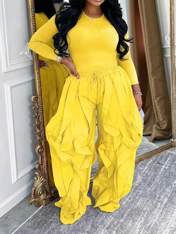 Women's Slim-Fitting Top & Wide-Leg Patchwork Ruffle Pants Set