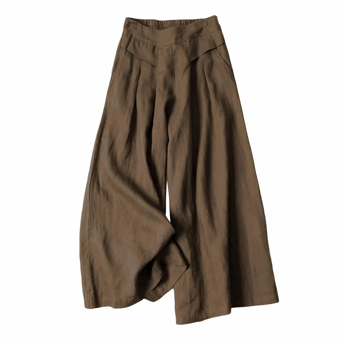 【Stock Up Deals】Women's Cotton Linen Culottes Pants Elastic Waist Wide Leg Palazzo Trousers Capri Pants with Pockets
