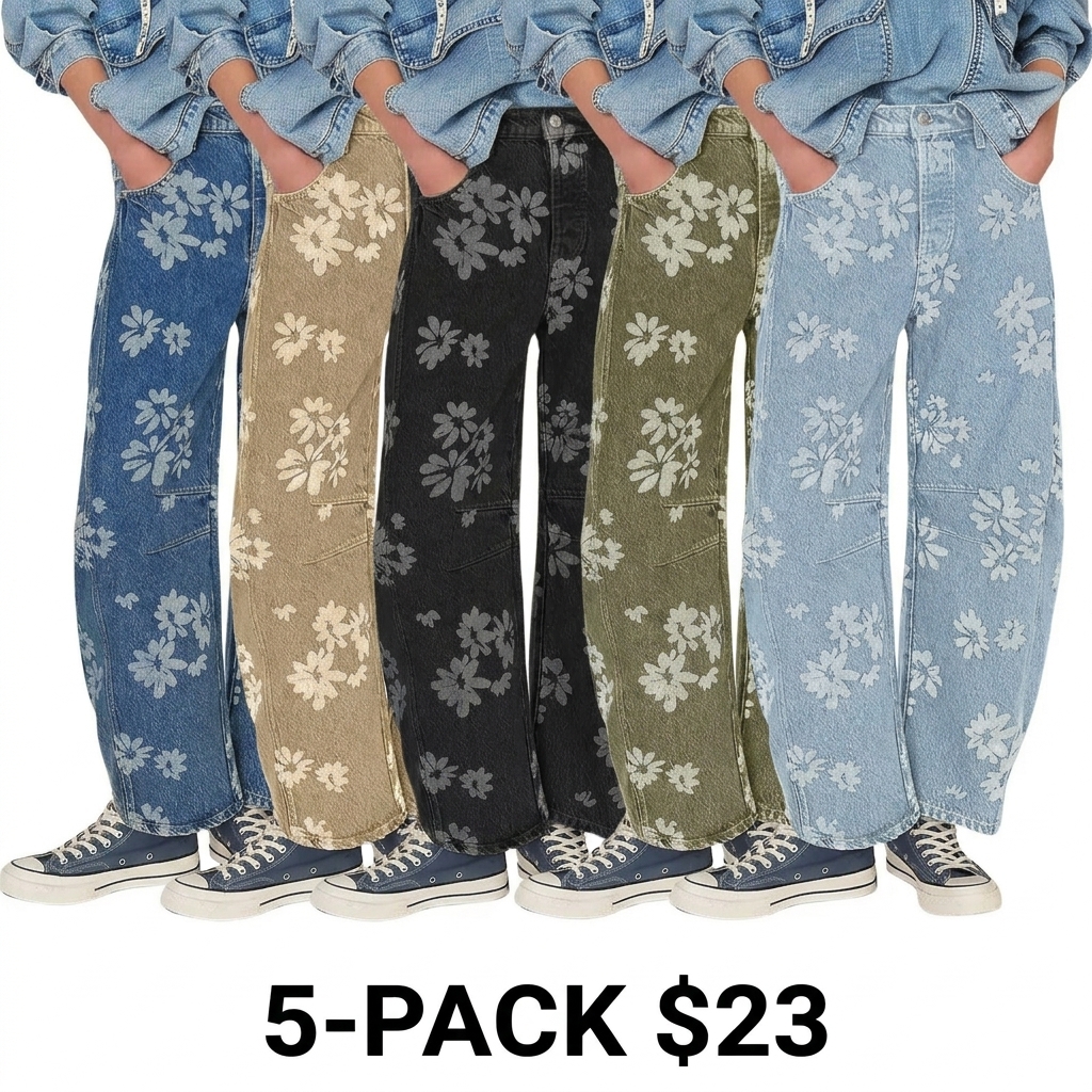 Women's Y2K Floral Printed Wide Leg Jeans – Loose Boyfriend Style Barrel Denim