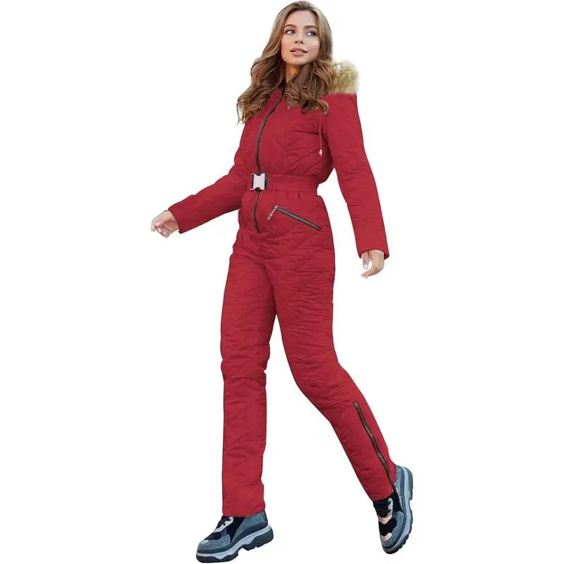 Women's Winter Ski Suit One-Piece Hooded Fur Collar Jumpsuit