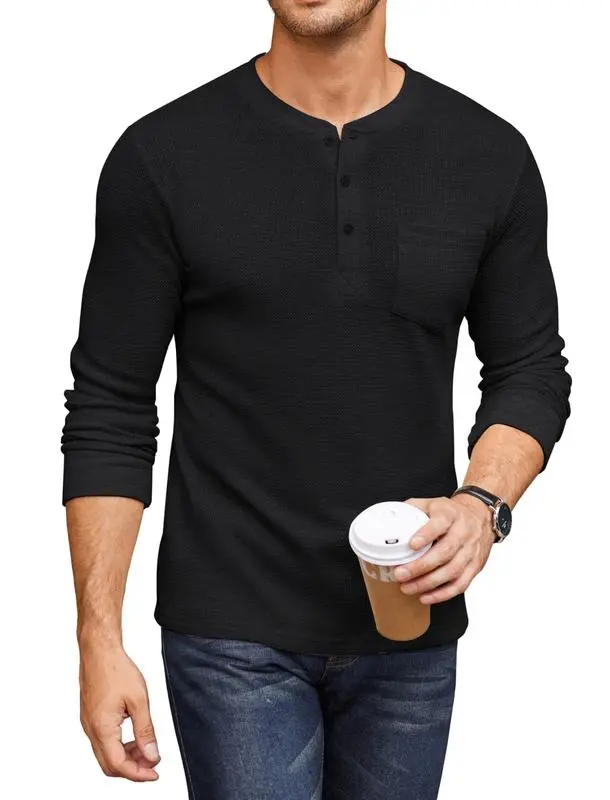 Men's Waffle Henley Long Sleeve Pocket Tee