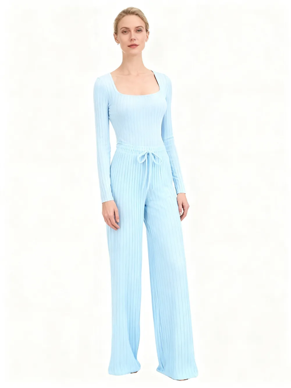 Women's Slim-Fit Solid Color Ribbed Fleece Jumpsuit Set