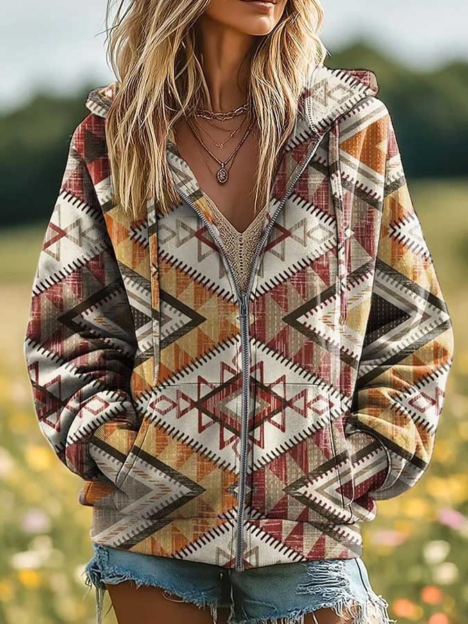 Women's Western Retro Print Casual Hooded Sweatshirt