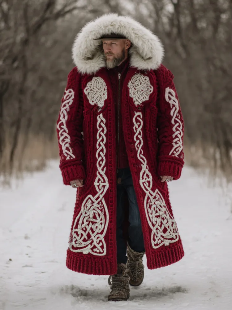 Men's Christmas Santa Celtic Art Mid-length Chunky Knit Cardigan Sweater