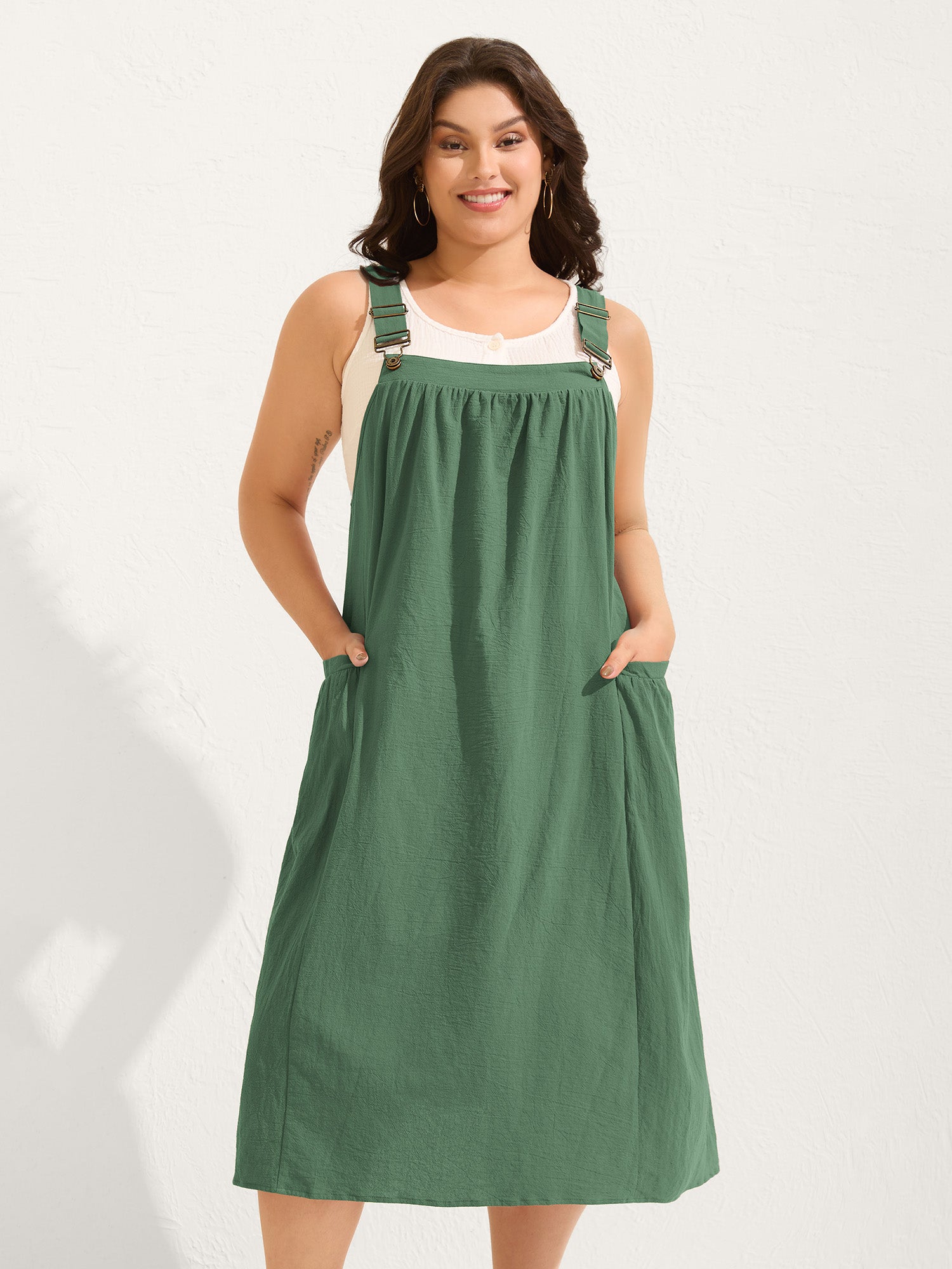 Pure Cotton Pleated Pockets Midi Dress