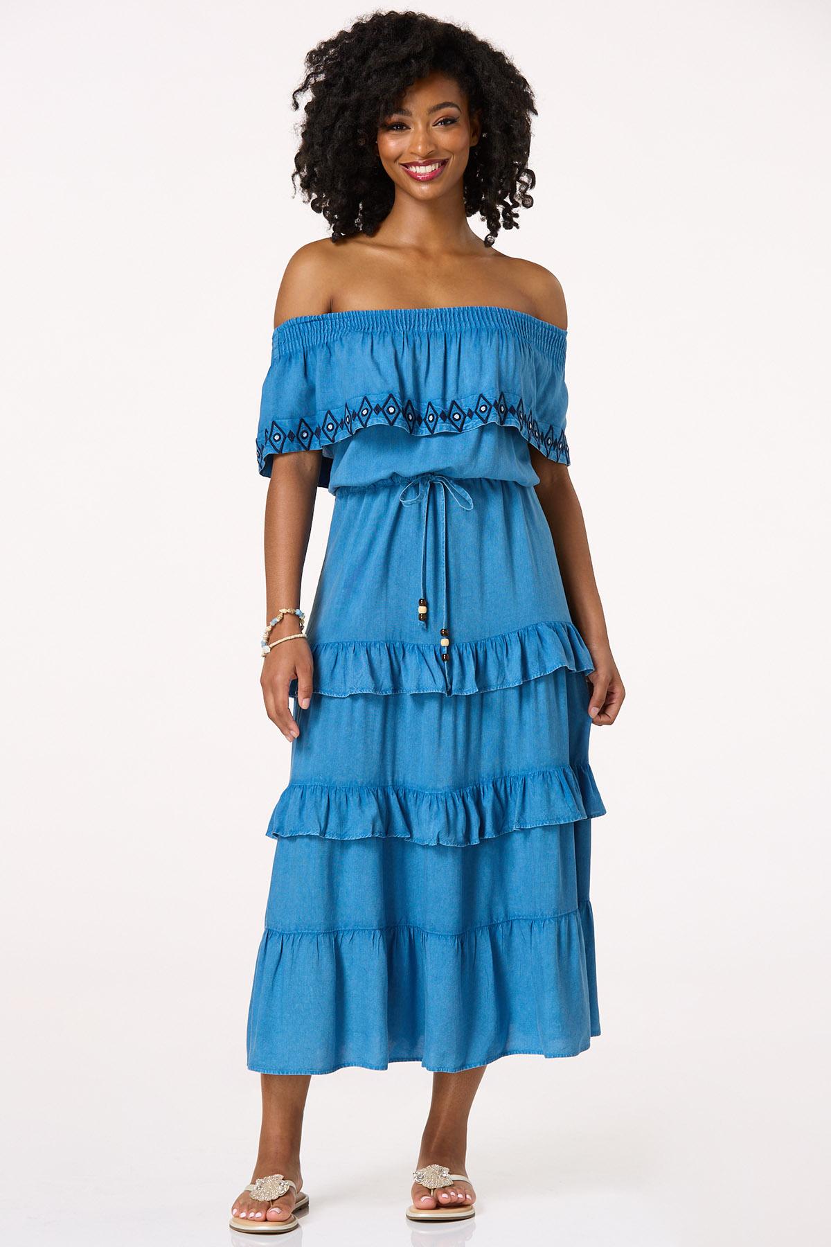 Embroidered Off Shoulder Chambray Dress