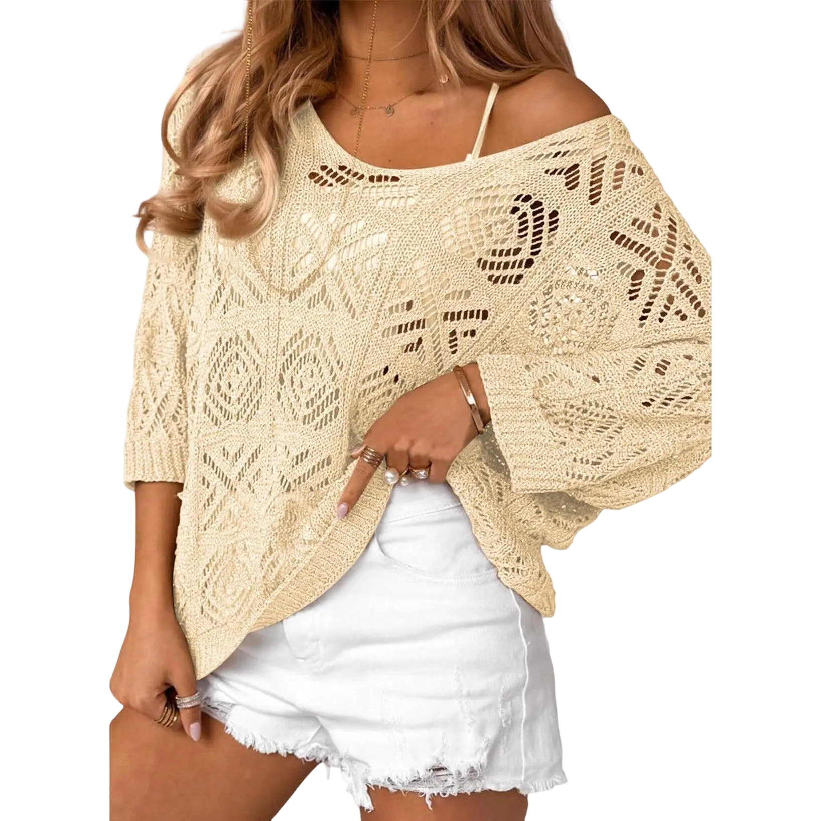 ✨ Women’s Crochet Hollow-Out Off-Shoulder Top – Lightweight 3/4 Sleeve Summer Sweater