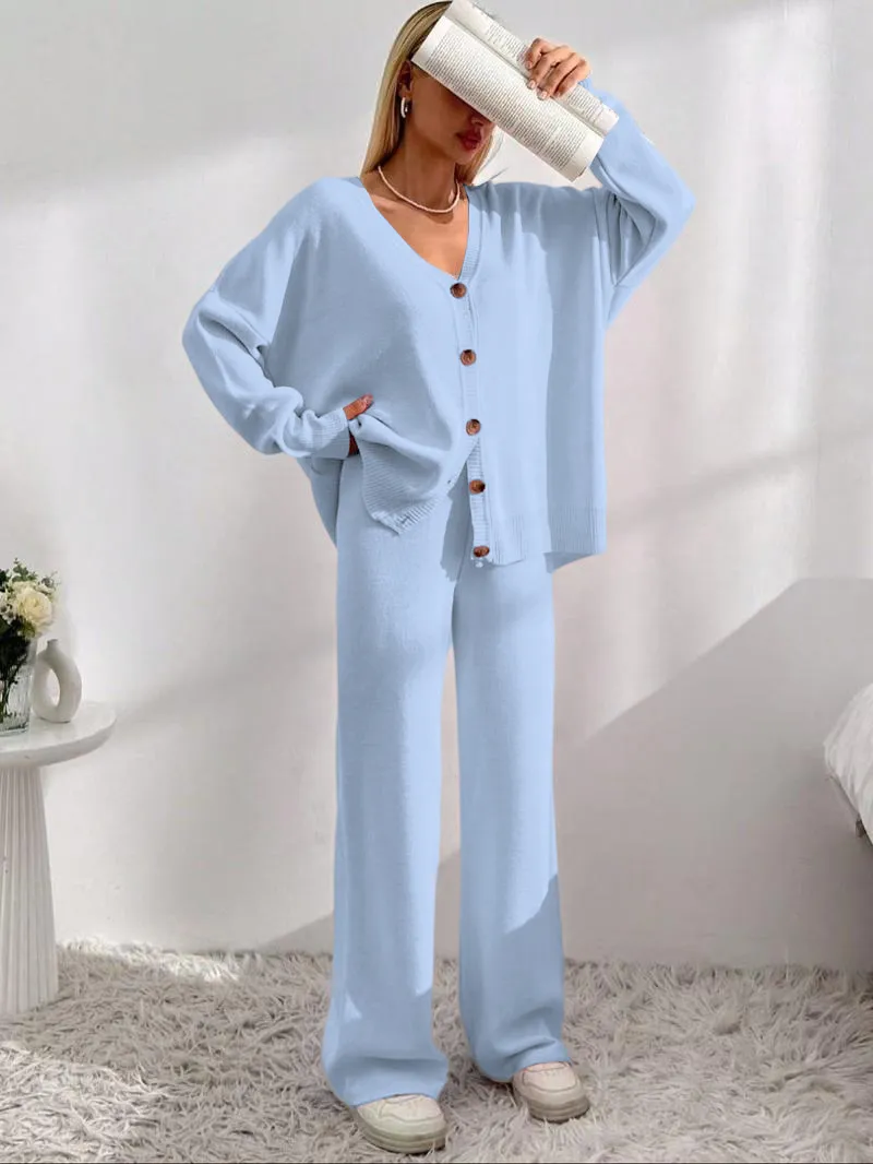 Women's Solid Button Front Drop Shoulder V Neck Cardigan & Elastic Waist Wide Leg Pants Two-piece Set, Matching Clothing Set
