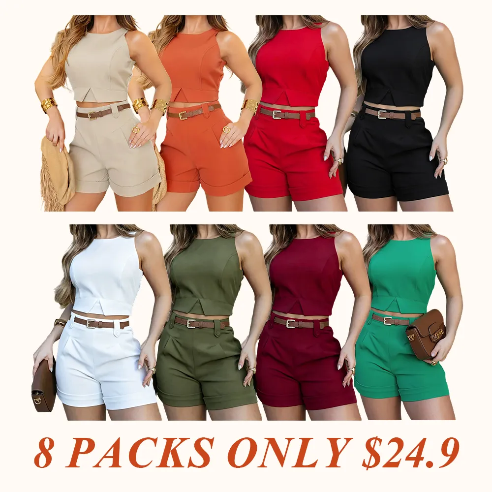 Summer Essential! Simple Solid Color Sleeveless Top Shorts Set, Elegance Without Belt, Perfect for Casual Wear