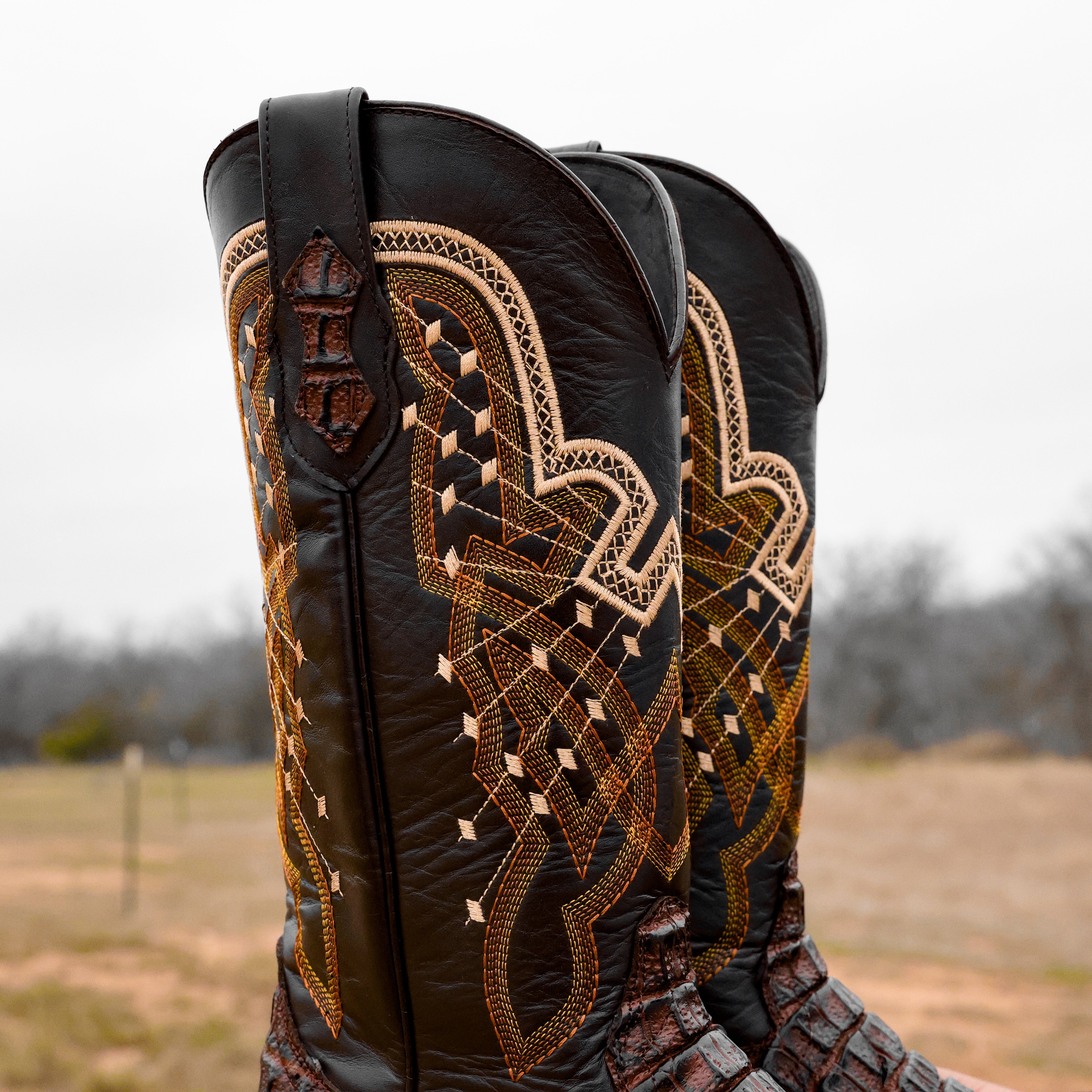 Chocolate Brown Caiman Neck Leather Boots - Square Toe