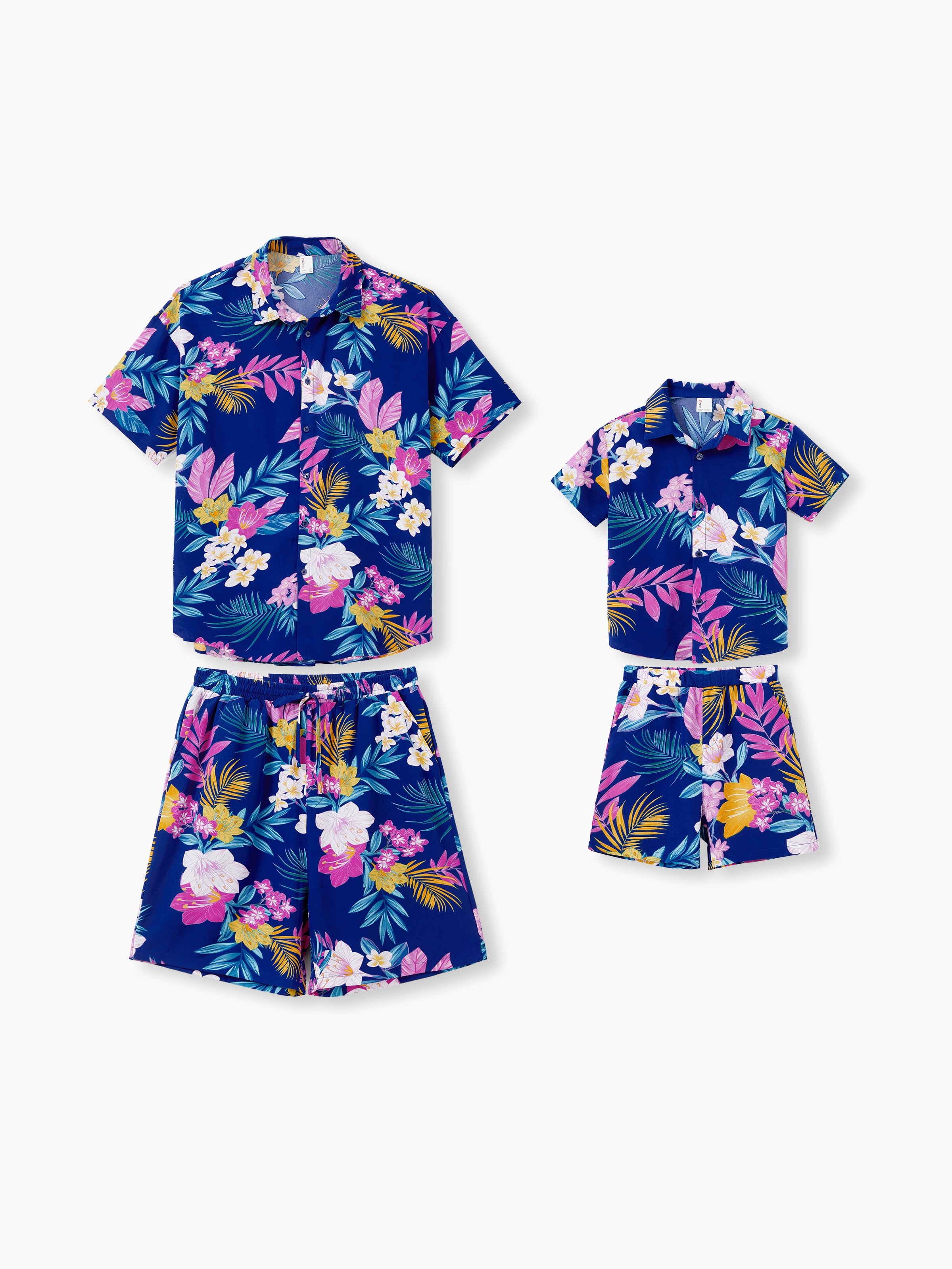 Daddy and Me Matching Family Hawaiian Outfits Tropical Floral Print Strap Dress or Short-sleeve Shirts & Shorts Set Summer Beachwear Set for Vacation  Deep Blue