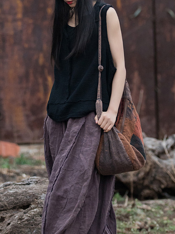 Fringed Pleated Solid Color Split-Joint Loose Sleeveless V-Neck Vest Top