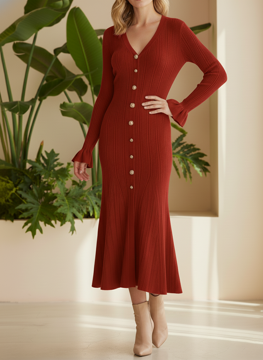 NEW🔥 Casual Solid V-Neck Woolen Dress