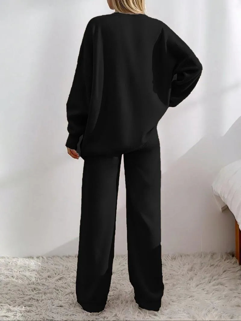 Women's Solid Button Front Drop Shoulder V Neck Cardigan & Elastic Waist Wide Leg Pants Two-piece Set, Matching Clothing Set