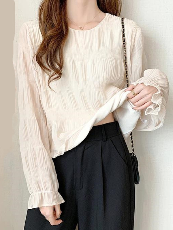 Pleated Solid Color Flared Sleeves Loose Round-Neck T-Shirts