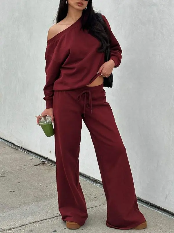 Women Off the Shoulder Long Sleeve Jumper & Pants 2 Piece Set