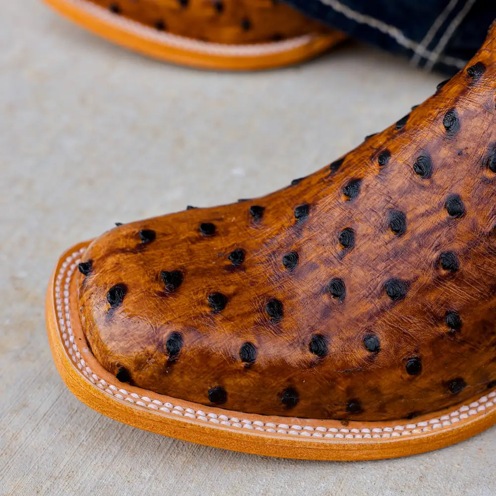 Cognac Ostrich Leather Boots - Square Toe