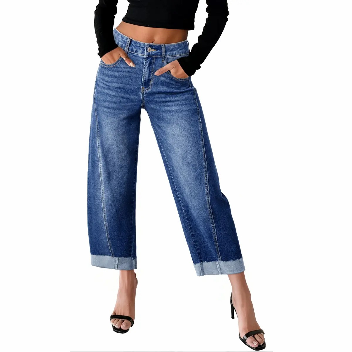 Women's High Waisted Wide Leg Cropped Jeans – Relaxed Fit Light Wash Denim with Rolled Cuffs