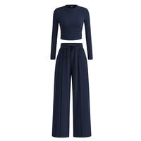2-Piece Ribbed Knit Long Sleeve Crop Top Wide Leg Pants Matching Lounge Set Loungewear