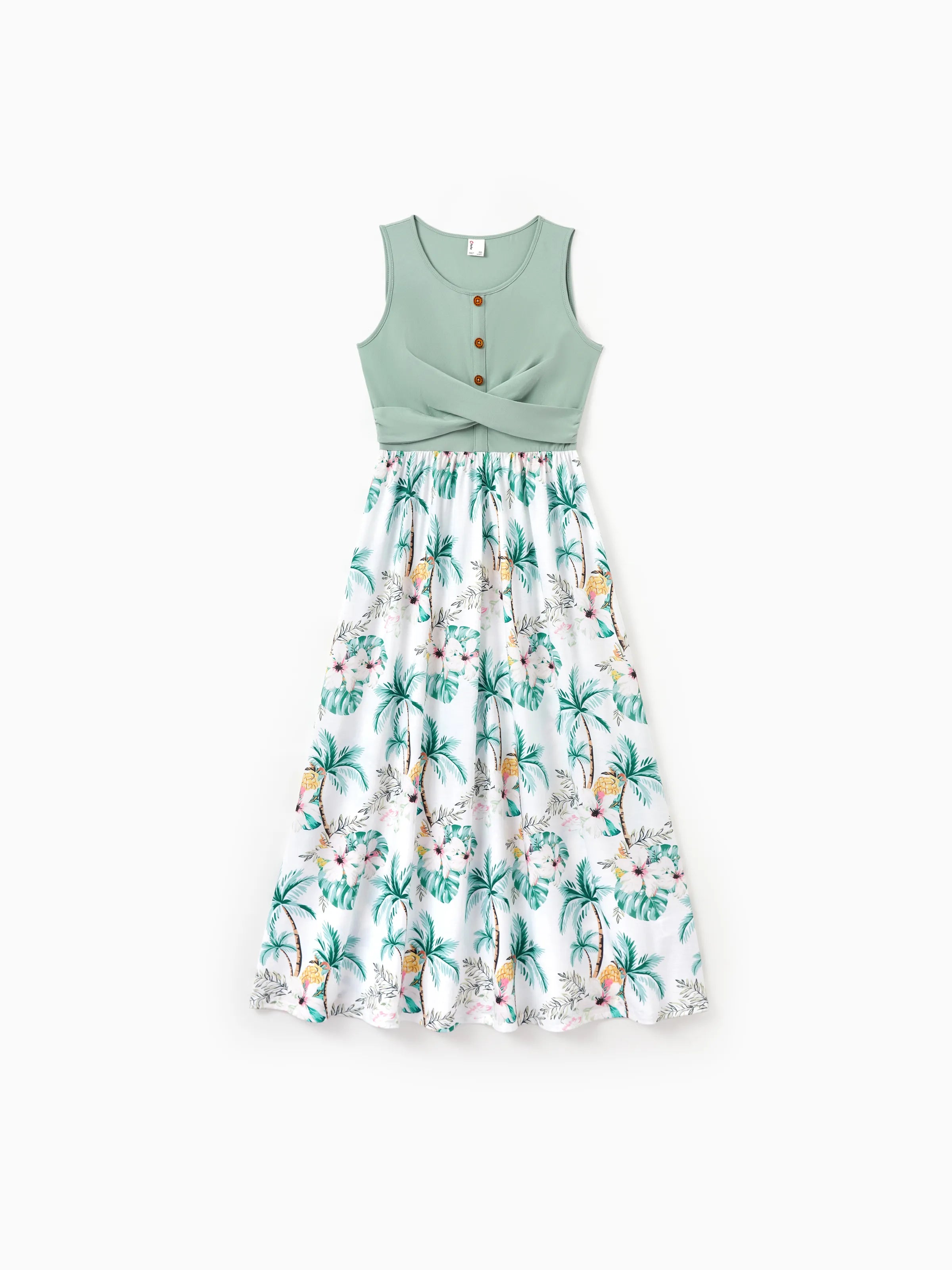 Family Matching Tropical Print Outfits Mommy & Me Tank Dress & Dad/Kids Cotton T-Shirt Set
 Green