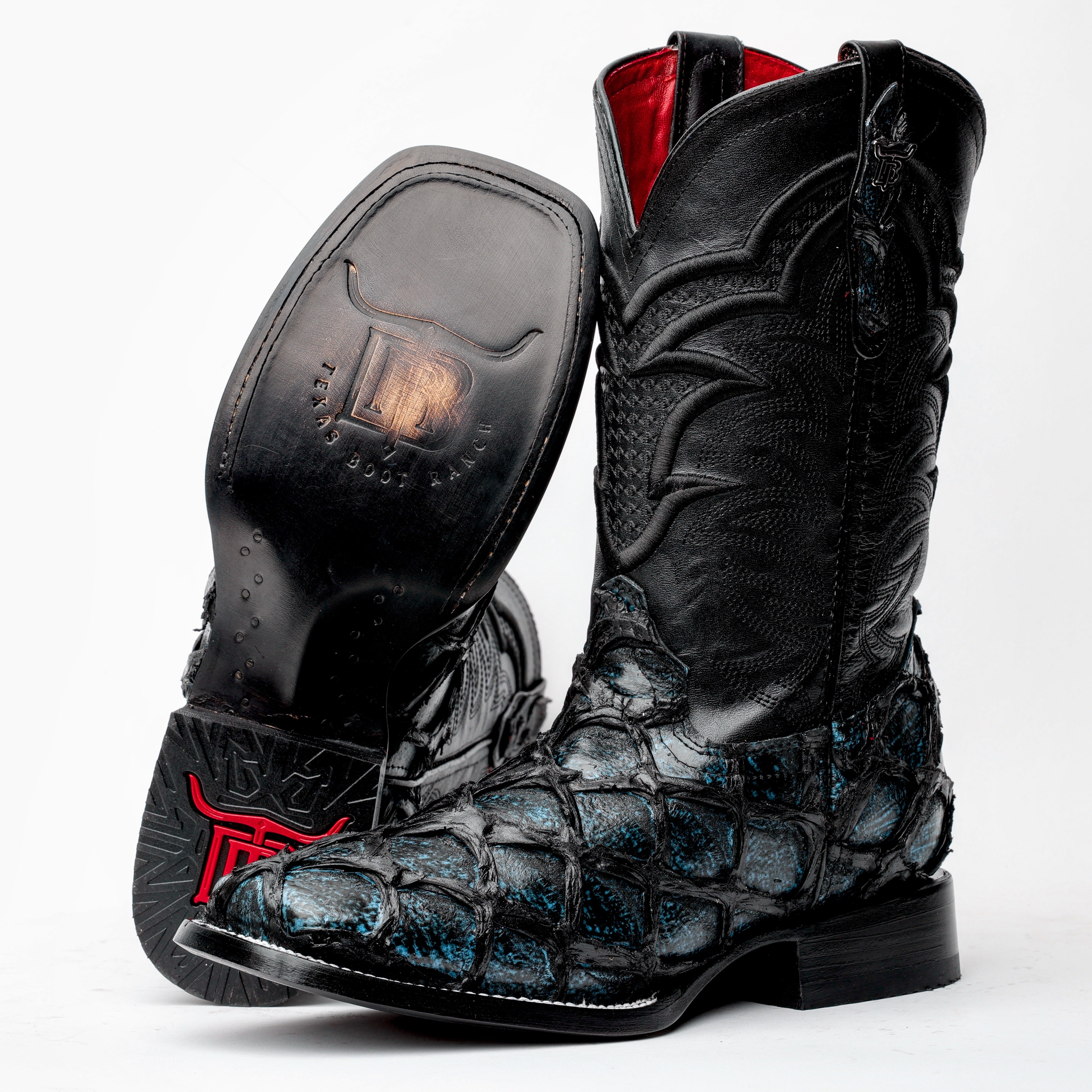 Midnight Blue Jumbo Pirarucu Leather Boots - Square Toe