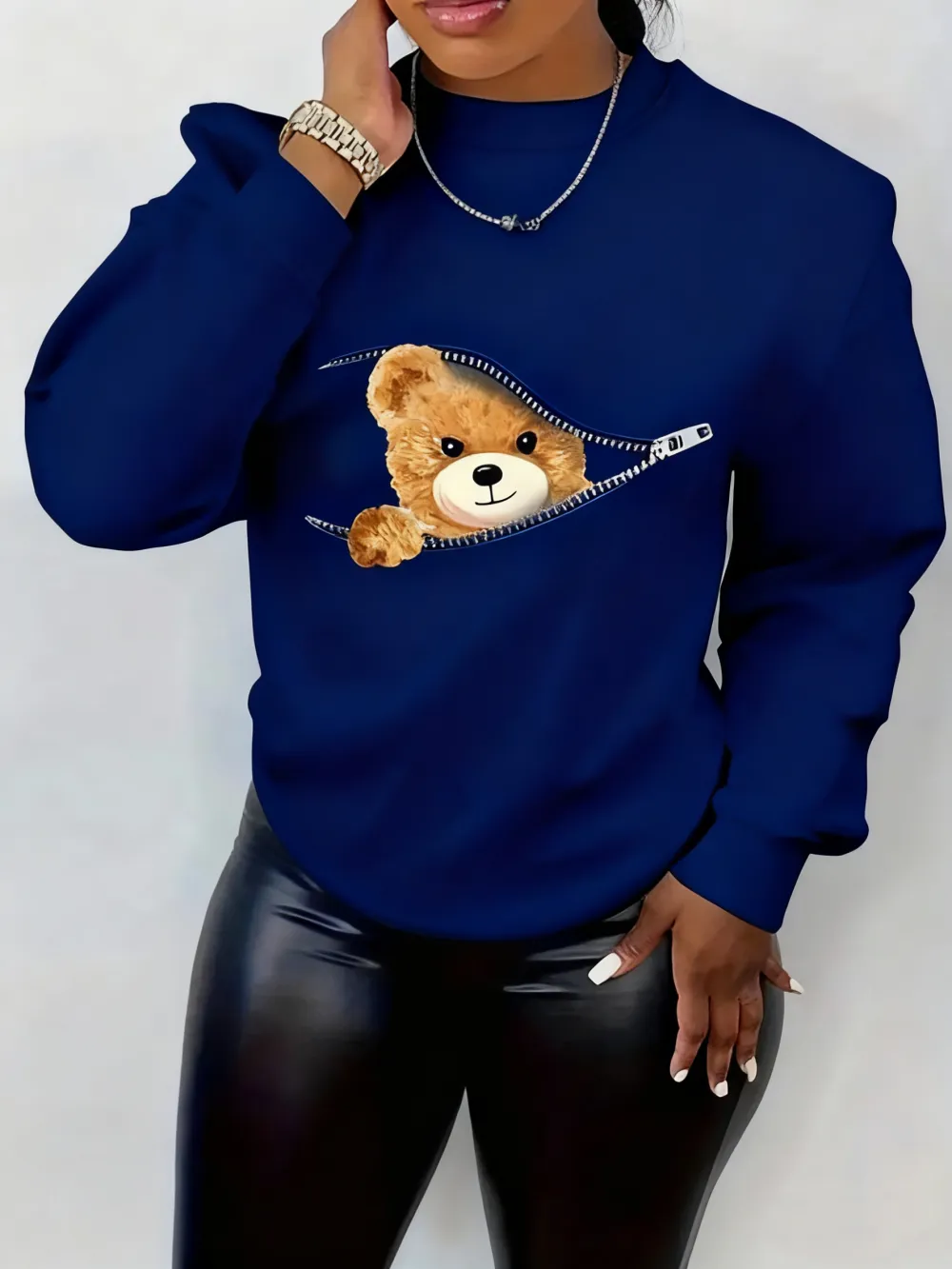 Women's Cartoon Bear Print Drop Shoulder Longsleeves