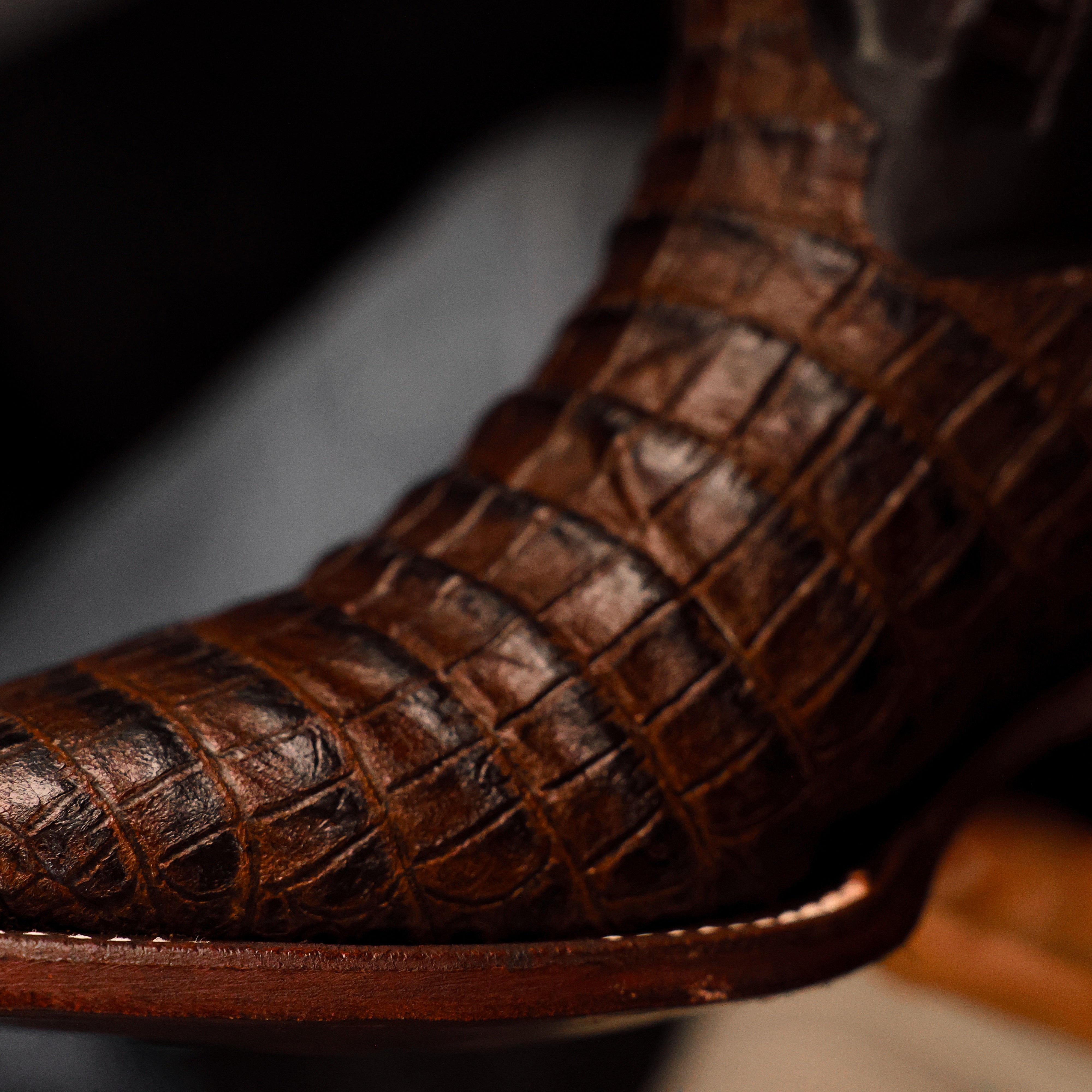 Chocolate Brown Caiman Belly Leather Boots - Square Toe