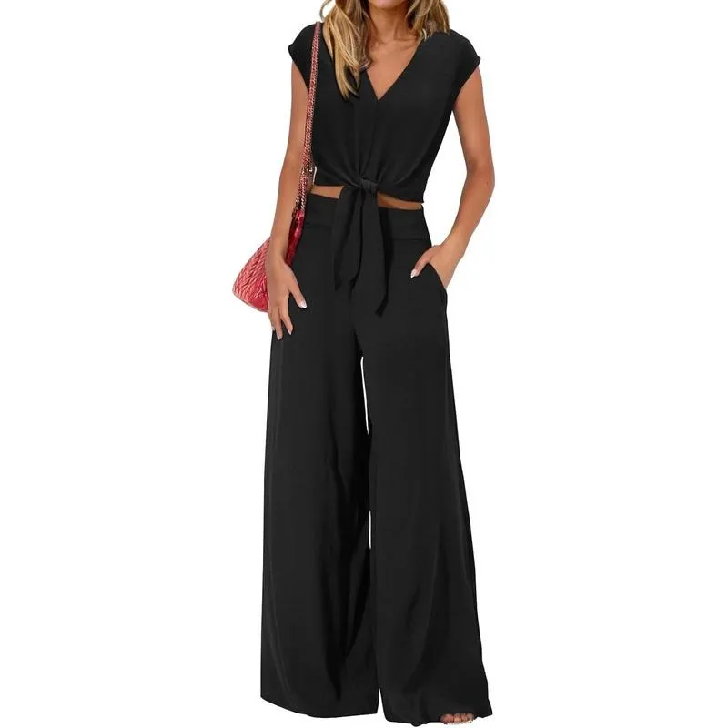 Women's Summer 2 Piece Outfits Cap Sleeve V Neck Belted Crop Tops Wide Leg Pant Sets