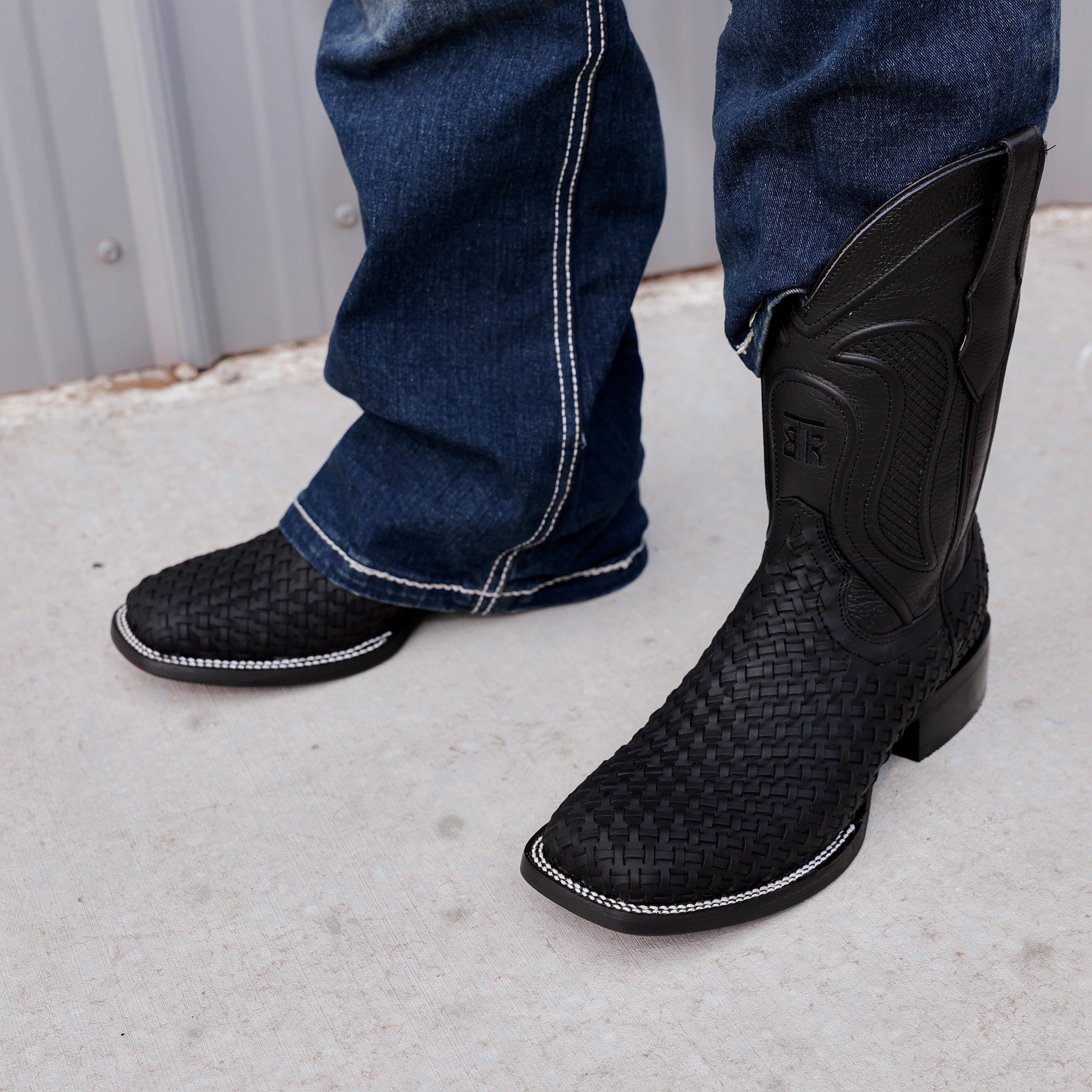 Black Basketweave Leather Boots - Square Toe