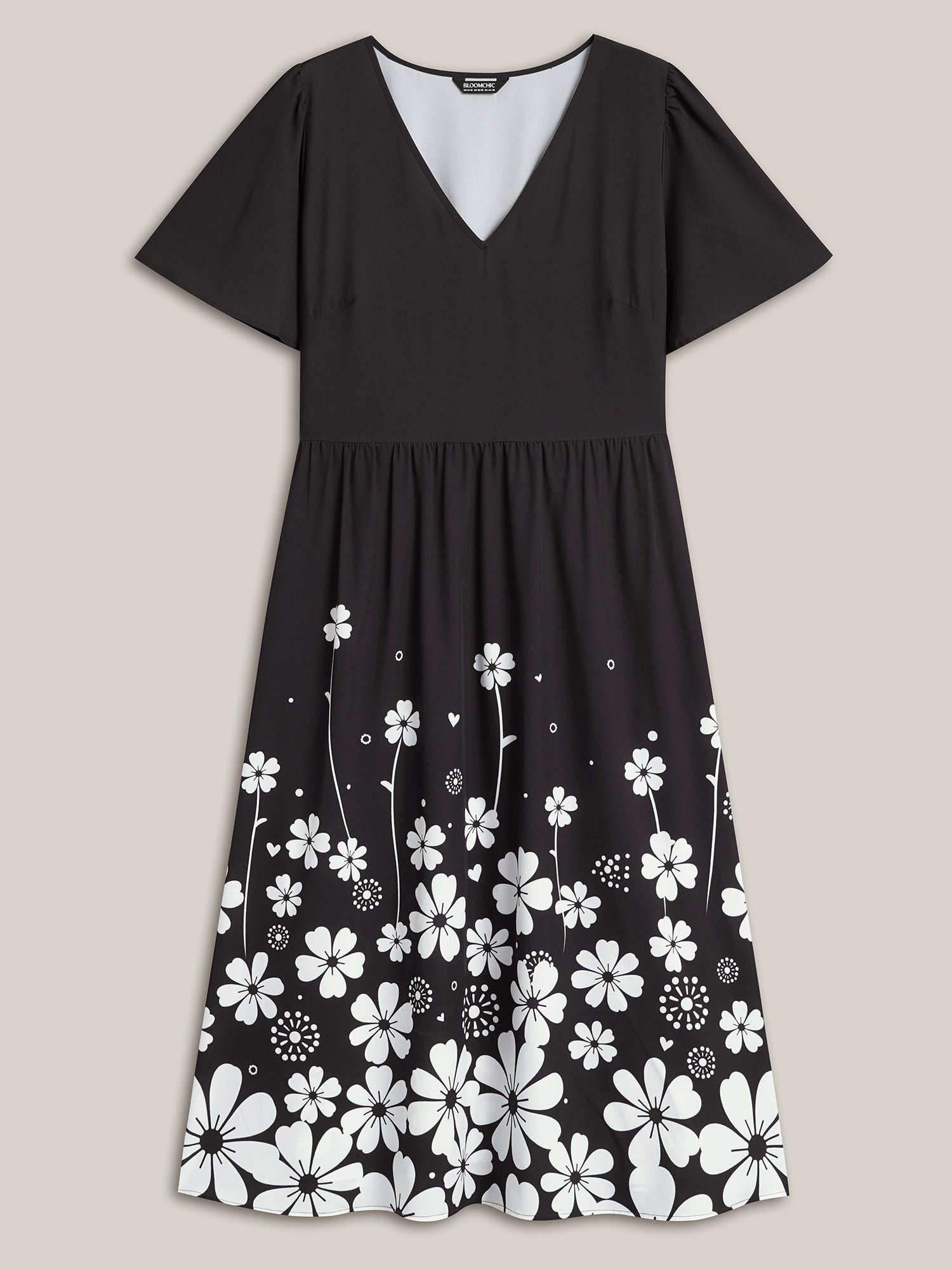 V-Neck Floral Print Flared Sleeve Dress