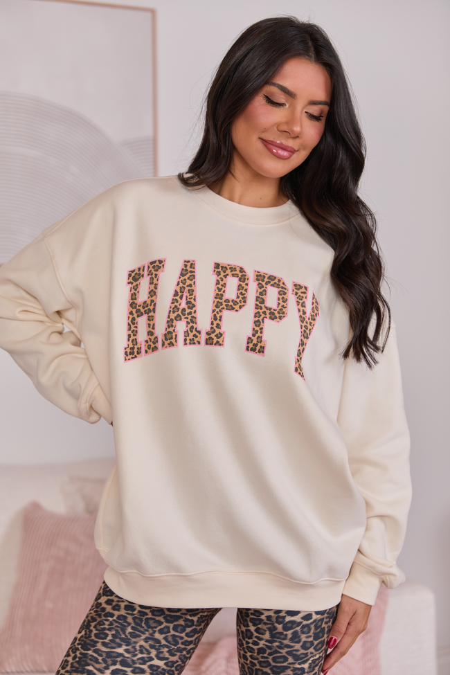 Happy Block Leopard Cream Graphic Sweatshirt