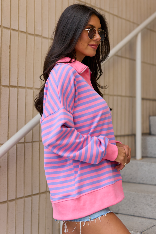 Keep It Easy Purple And Pink Striped Quarter Zip Pullover