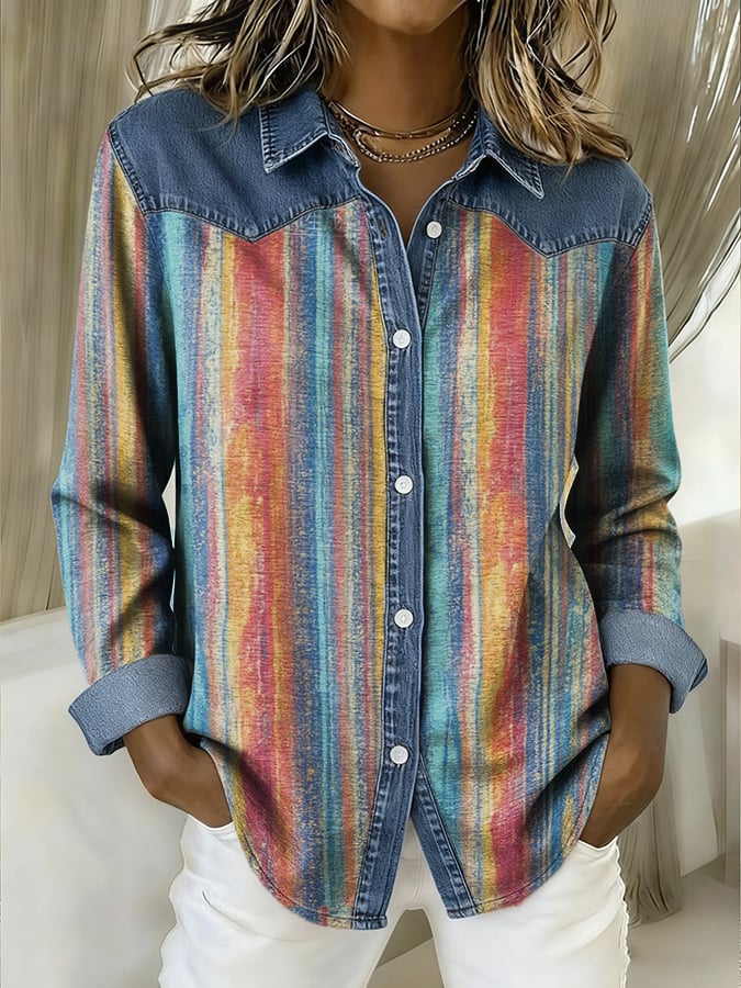Women's Casual Western Denim Patchwork Gradient Shirt