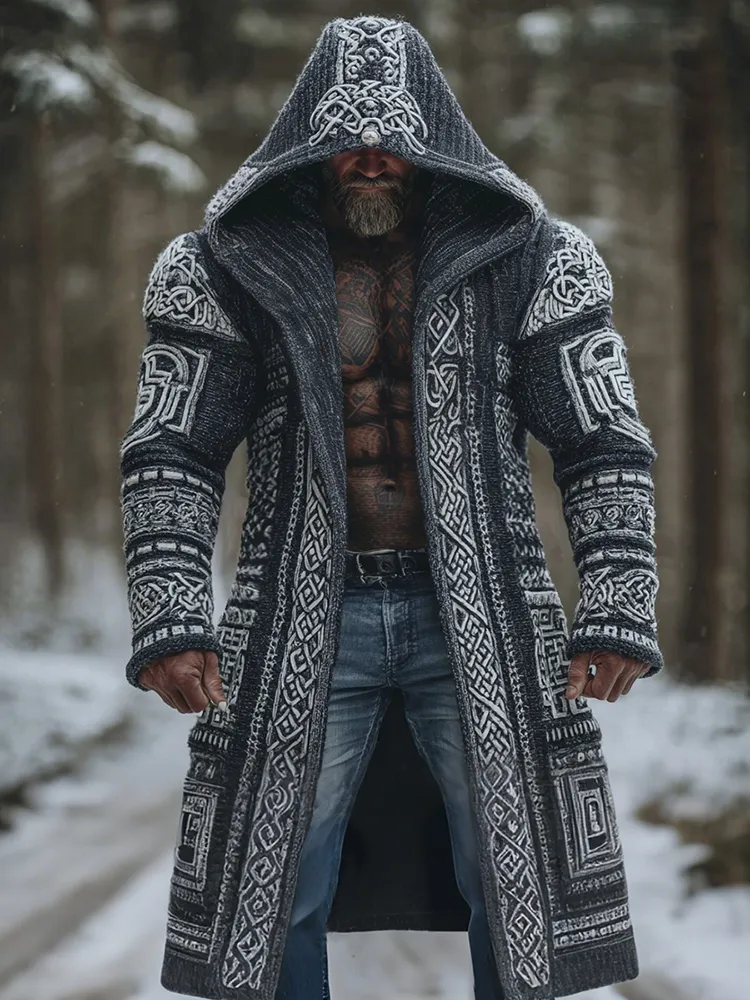 Men's Viking Celtic Knot Jacquard Colorblock Pocket Mid-length Hooded Knitted Cardigan