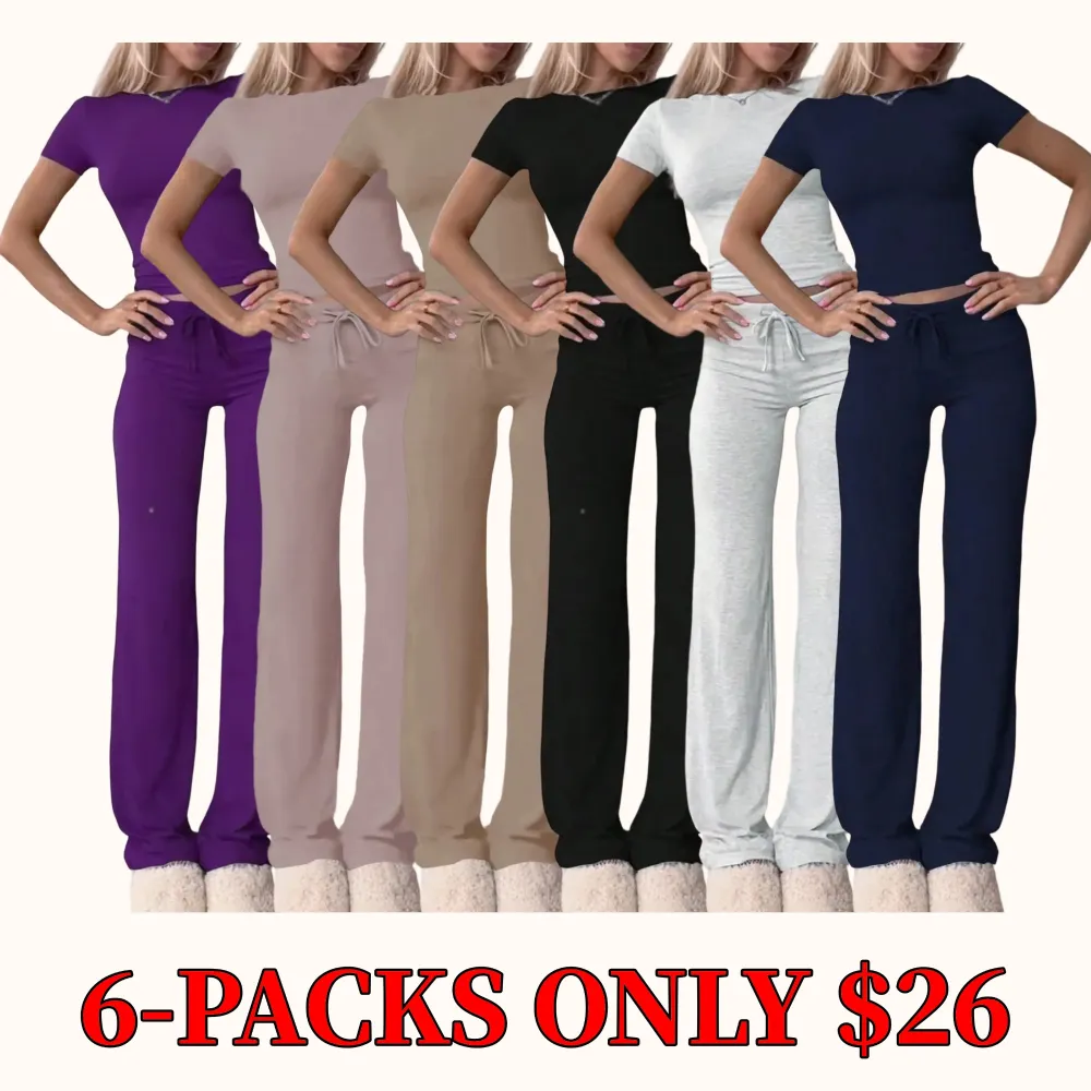 Women's solid color short-sleeved T-shirt and drawstring waist pants two-piece loungewear set
