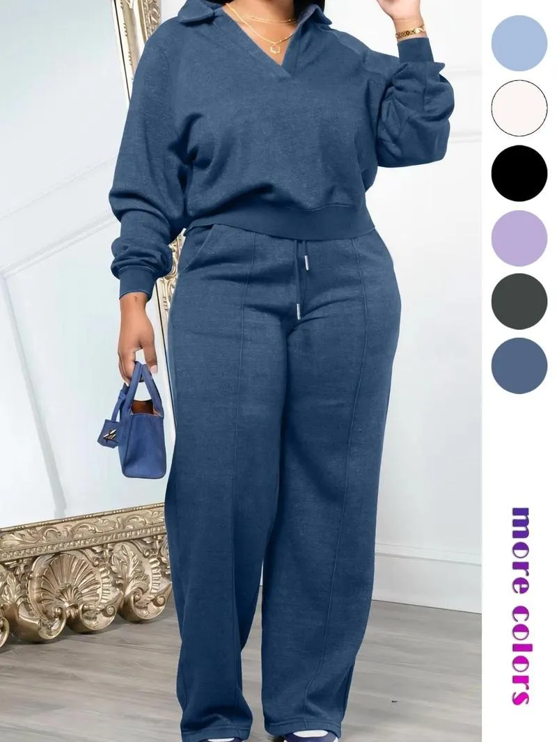 Women's Solid Long Sleeve Sweatshirt & Drawstring Waist Pants Set