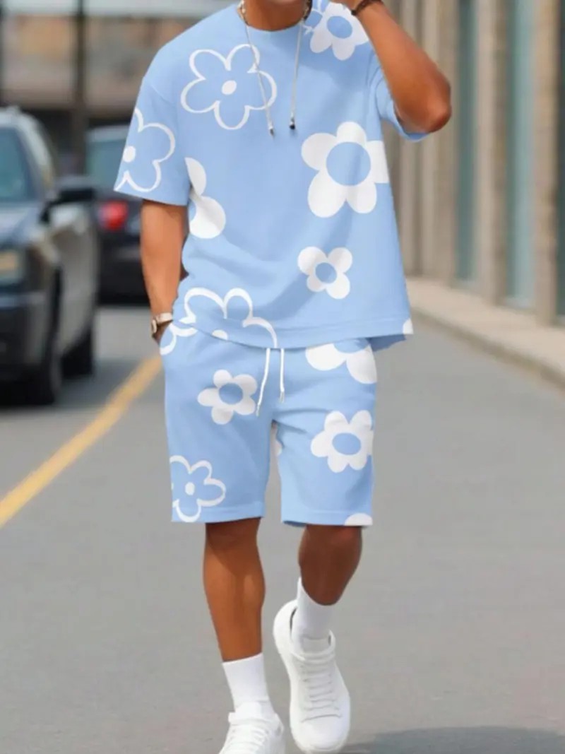 Men’s 3D Printed Fitted Short Sleeve & Shorts Summer Set