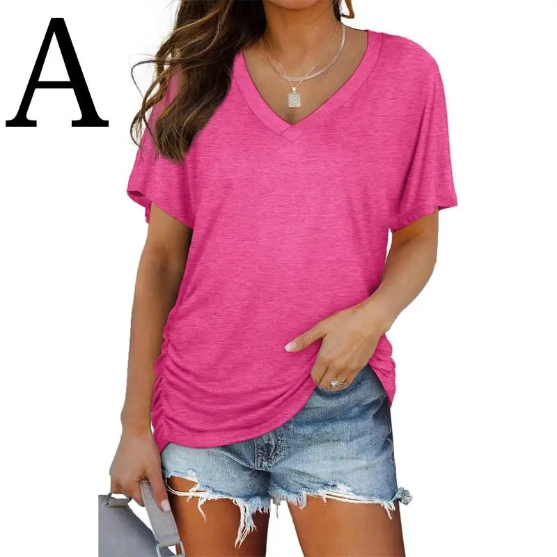Womens Short Sleeve V Neck Dolman Tops with Side Shirring Loose Fit Shirts