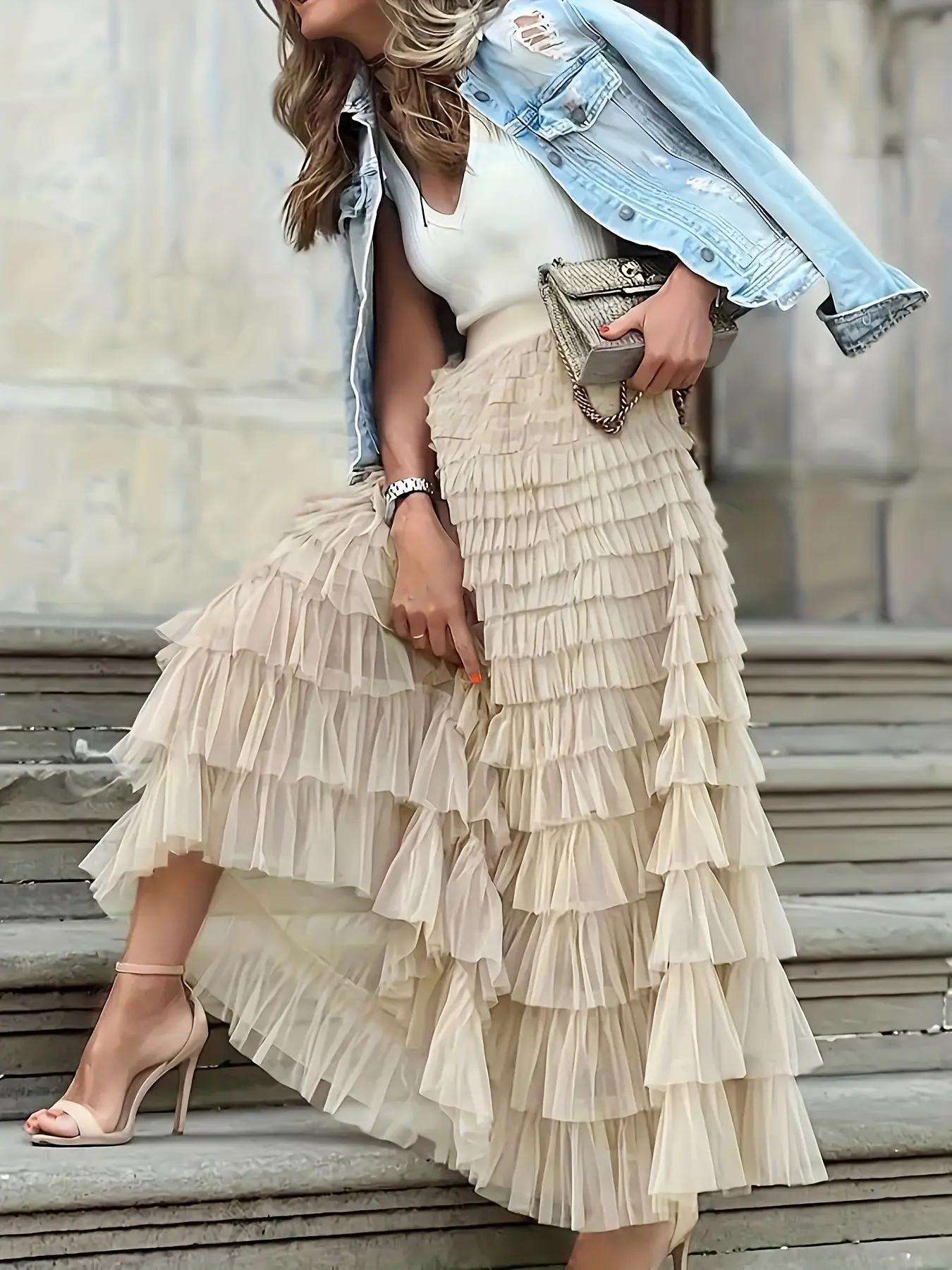 Women's Plain Ruffle Hem Tiered Layer Knit Skirt