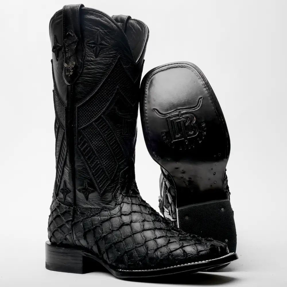 TOTAL BLACK Mini Pirarucu Leather Boots - Square Toe